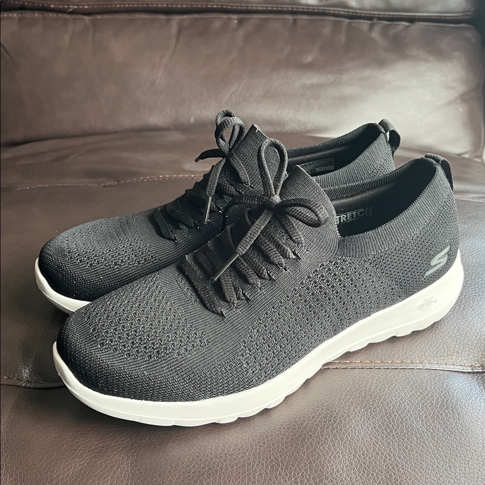 Skechers Woman’s Black Knit Mock Lace-Up Slip-On Sneakers with White Sole